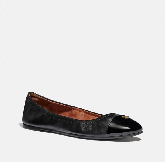 BNIB Coach Bonnie Black Leather Ballet Flat with Patent Leather Cap Toe, 7.5 - Picture 1 of 3
